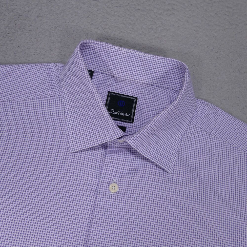 David Donahue Shirt Mens 17 36/37 TRIM Purple Houndstooth Button Up Long Sleeve